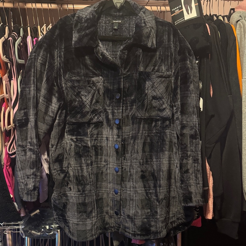 torrid Black & Gray Plaid Velvet Shacket